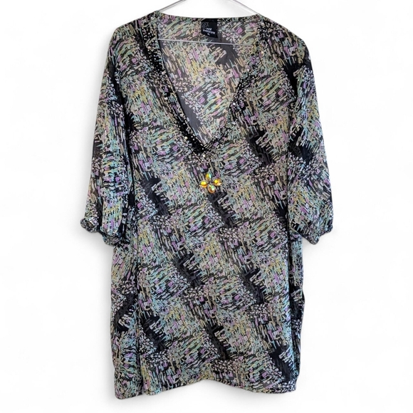 Ace Fashion Sheer V-Neck Tunic Blouse Abstract Flowy Beaded Crystals Bohemian - Picture 2 of 16